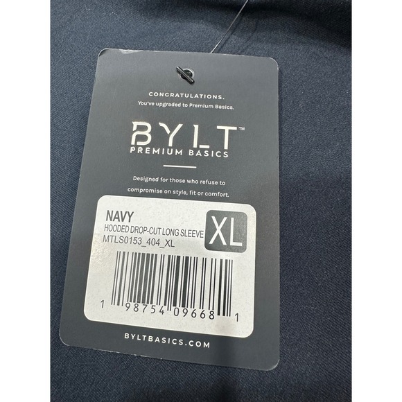 BYLT Signature Hooded Drop-Cut Long Sleeve Navy Shirt XL MTLS0153-404 NWT - Picture 3 of 12
